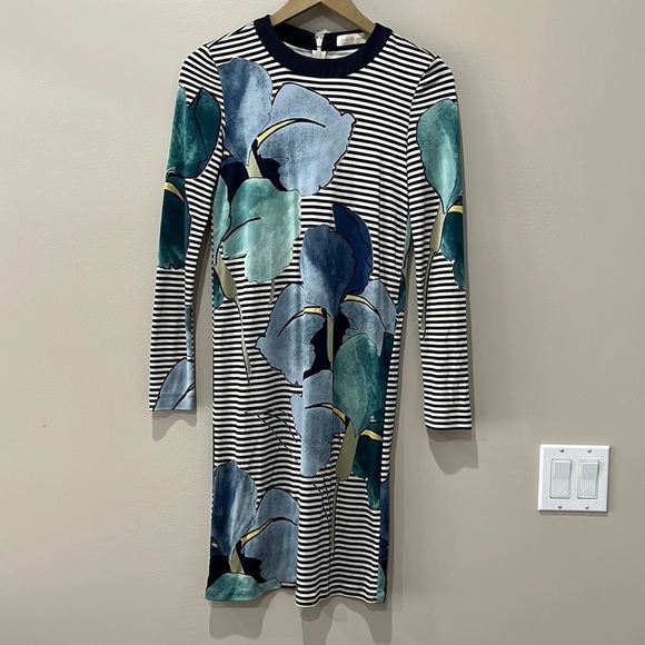 Tory Burch Annette Floral Striped Long Sleeve Dress in size XS Silk Y2K - Picture 1 of 10